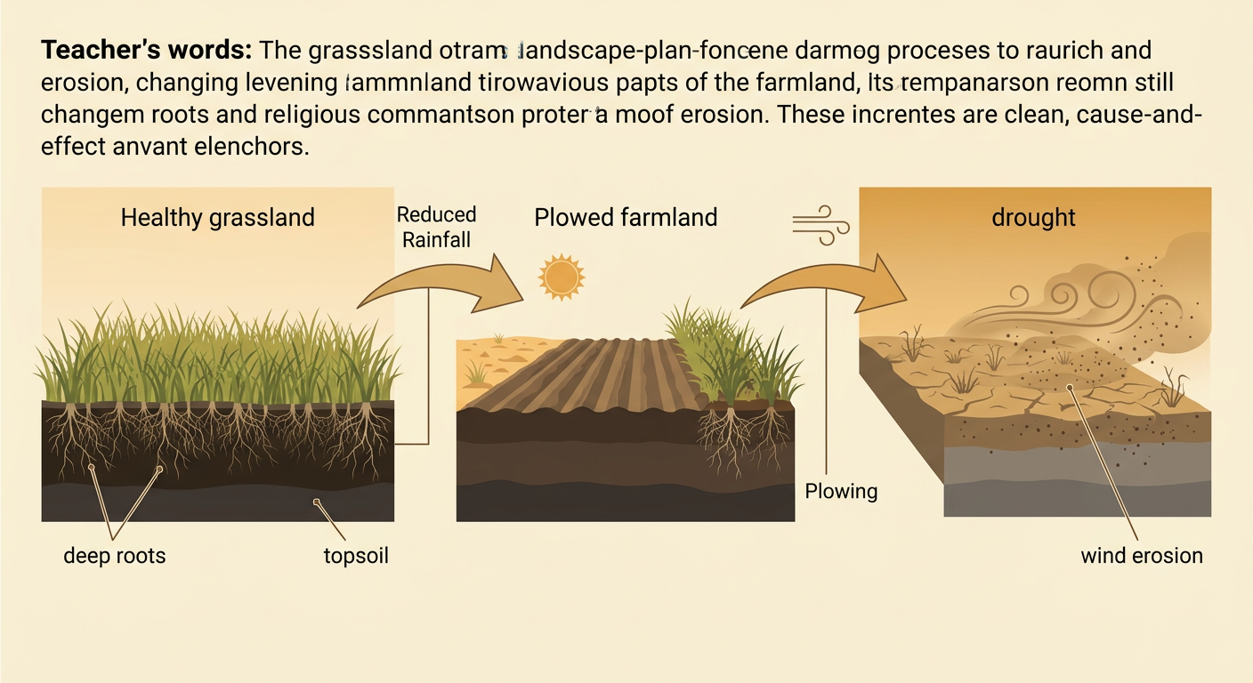 Wind crosses two dry fields, lifting topsoil from bare ground while deep roots protect a neighboring grassy field.