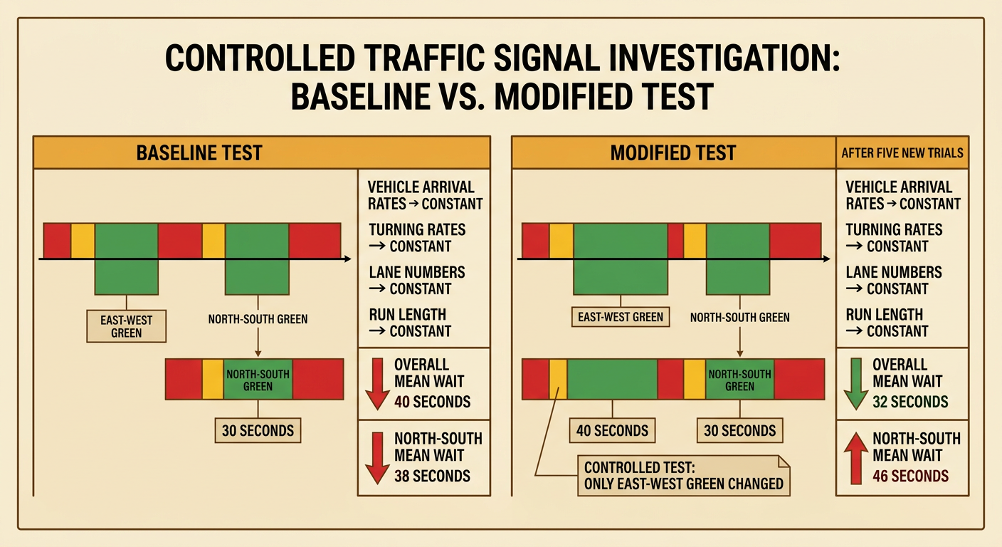 Two controlled traffic tests show one green-light setting changing while all other conditions remain fixed.
