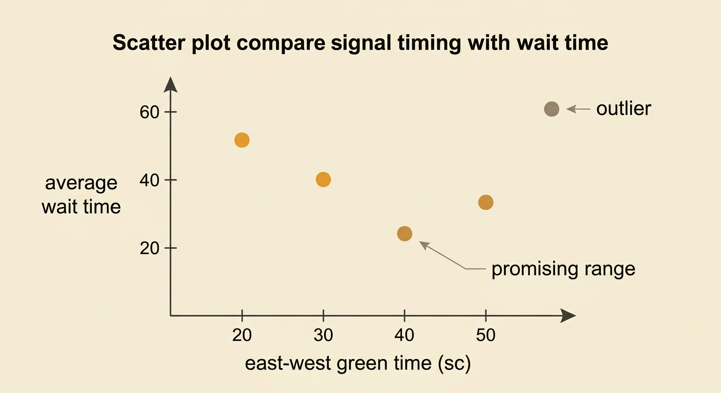 A scatter plot shows average wait falling as green time reaches 40 seconds and then rising.