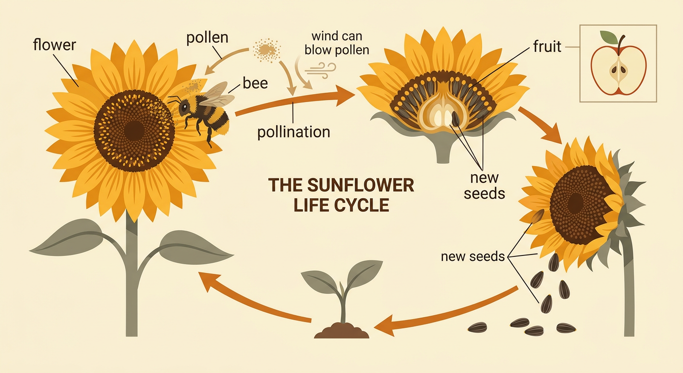 A bee carries pollen between flowers while nearby sunflower and apple fruits show the new seeds they produce.