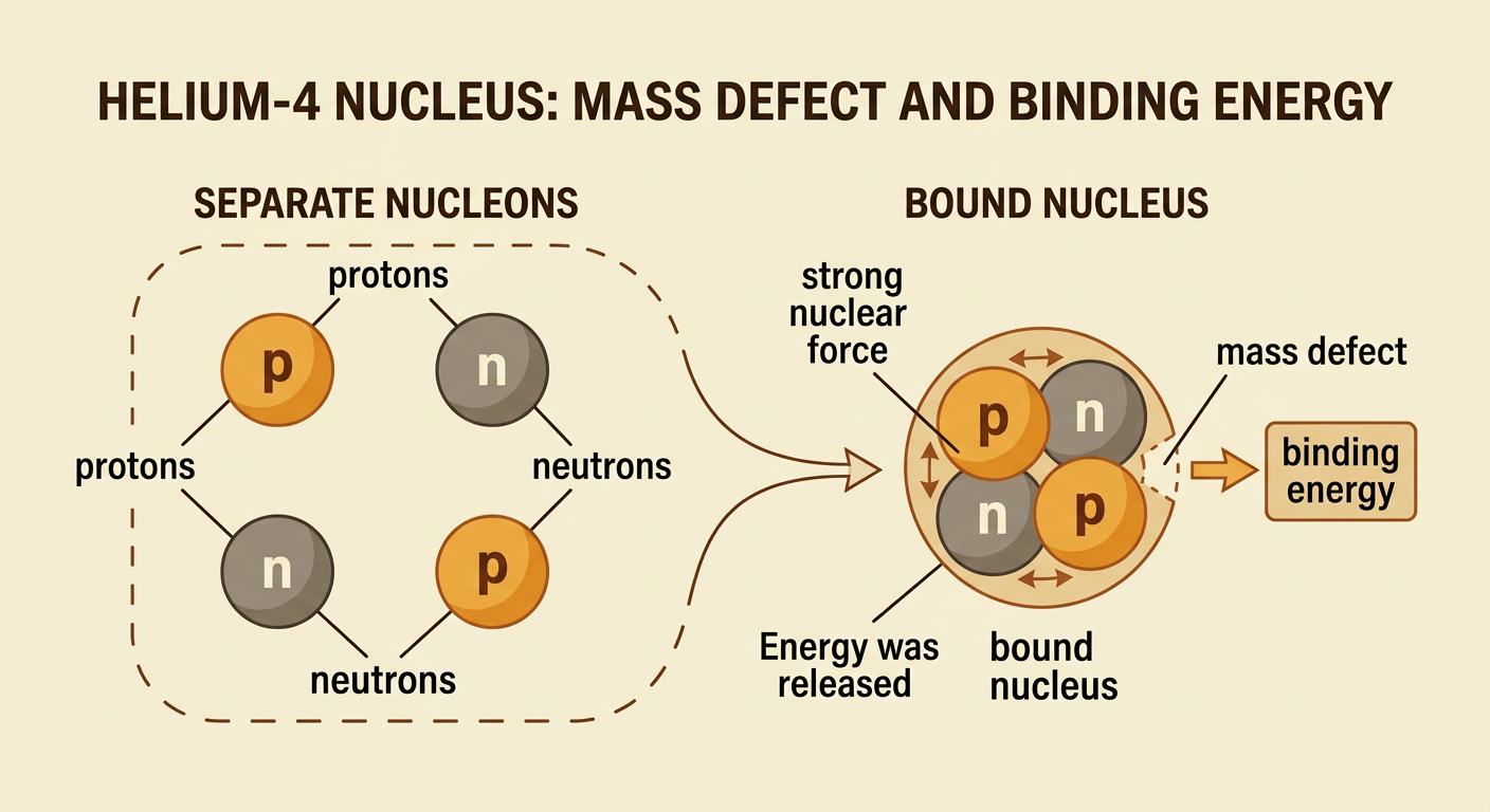 A particle model of helium-4 shows two protons and two neutrons bound by the strong nuclear force, with the mass defect indicated beside it.