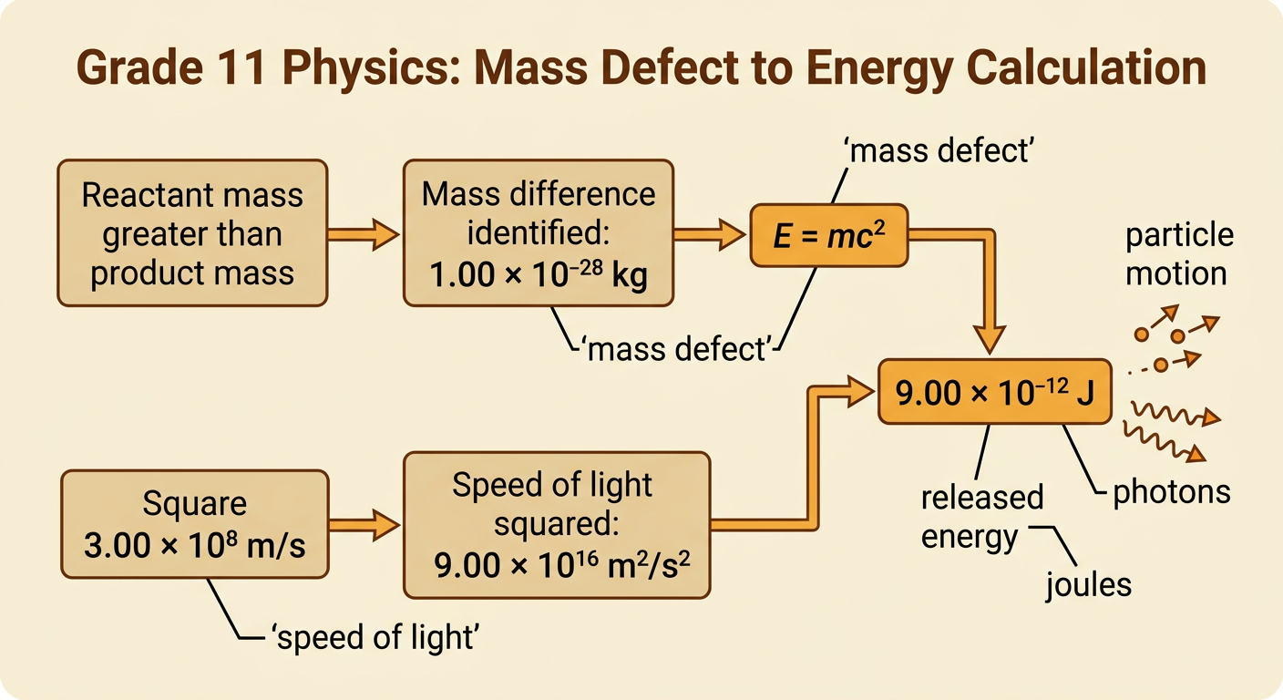 A worked E = mc² calculation converts a nuclear mass defect into released energy in joules.