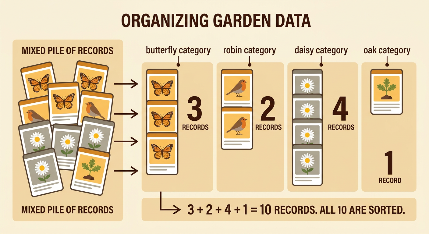 Ten garden observation cards are sorted into four clearly separated groups.