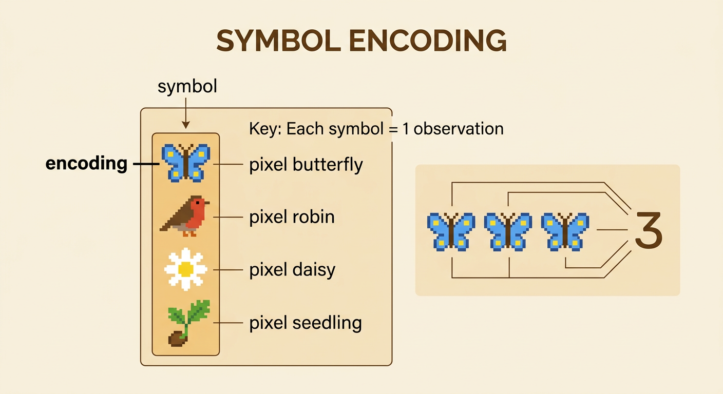 Four different pixel-style habitat symbols appear beside a key showing that one symbol represents one observation.