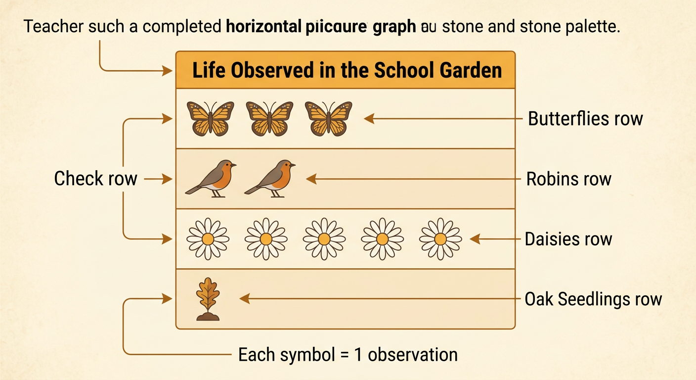 A completed digital picture graph displays four straight rows of garden symbols with a title and key.