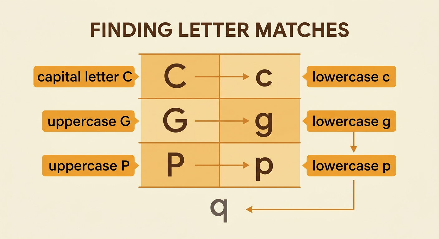 A letter chart compares similar-looking and different-looking uppercase and lowercase pairs, including a correct P match.