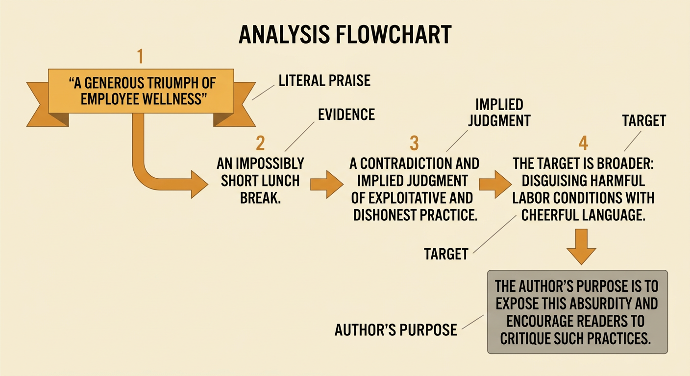 A one-minute lunch clock beside exhausted workers supports a diagram tracing evidence to the author's criticism.