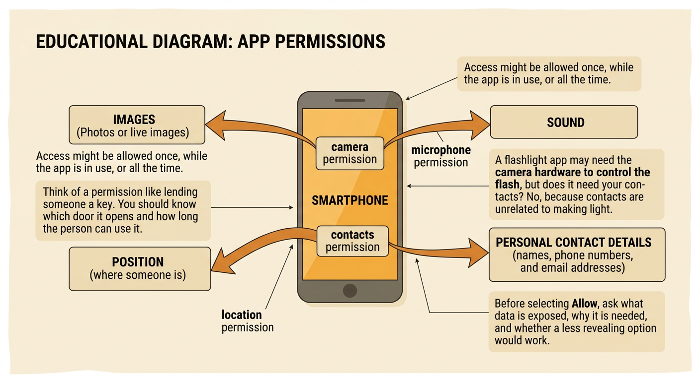 A phone displays four permission doors showing the personal data that each door can reveal.