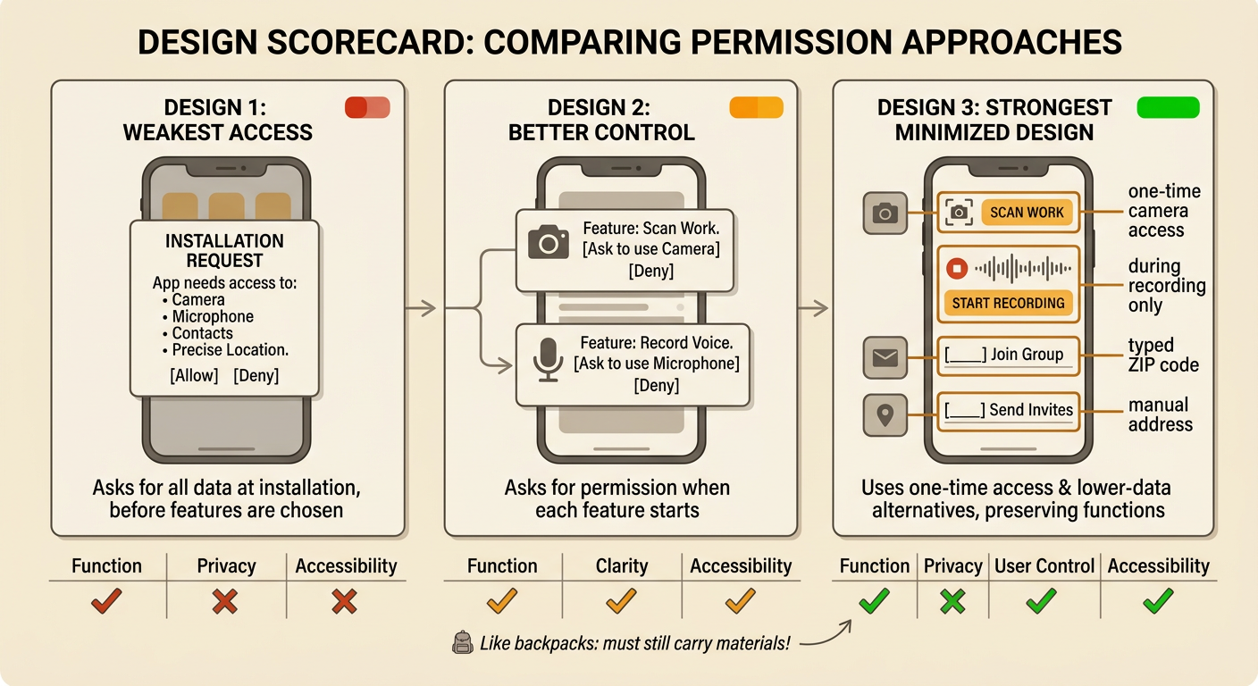 A scorecard compares three StudySnap designs and highlights the minimized permission choices.