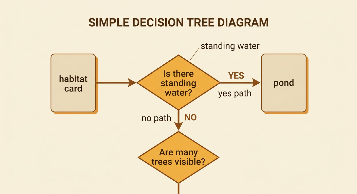 A habitat card moves from one clear question onto a yes path or a no path.