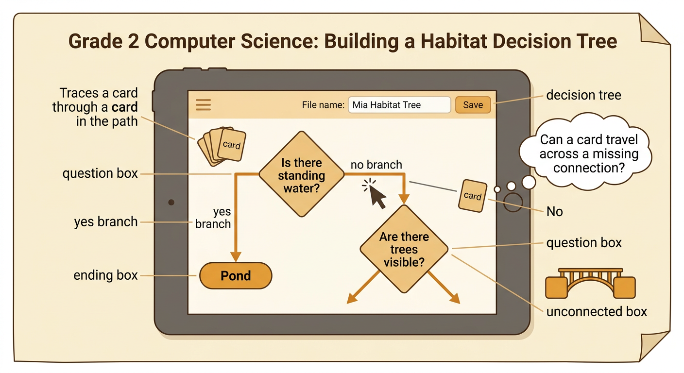 A computer screen shows connected question and ending boxes in a digital habitat tree.
