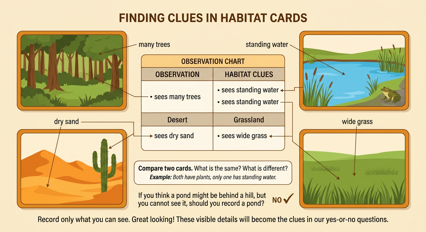 Four habitat cards show visible clues beside a simple observation chart.