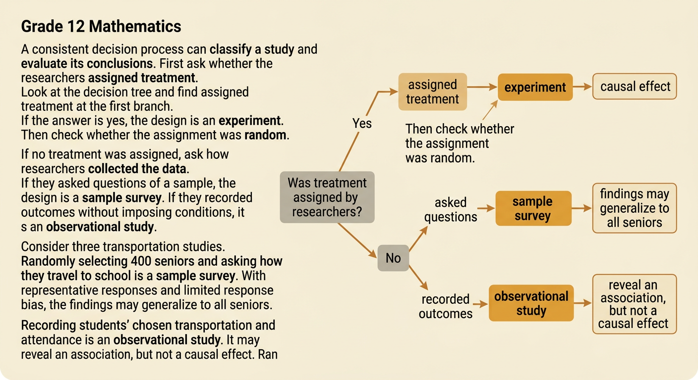 A decision tree classifies transportation research by whether treatment was assigned, questions were asked, or existing outcomes were recorded.