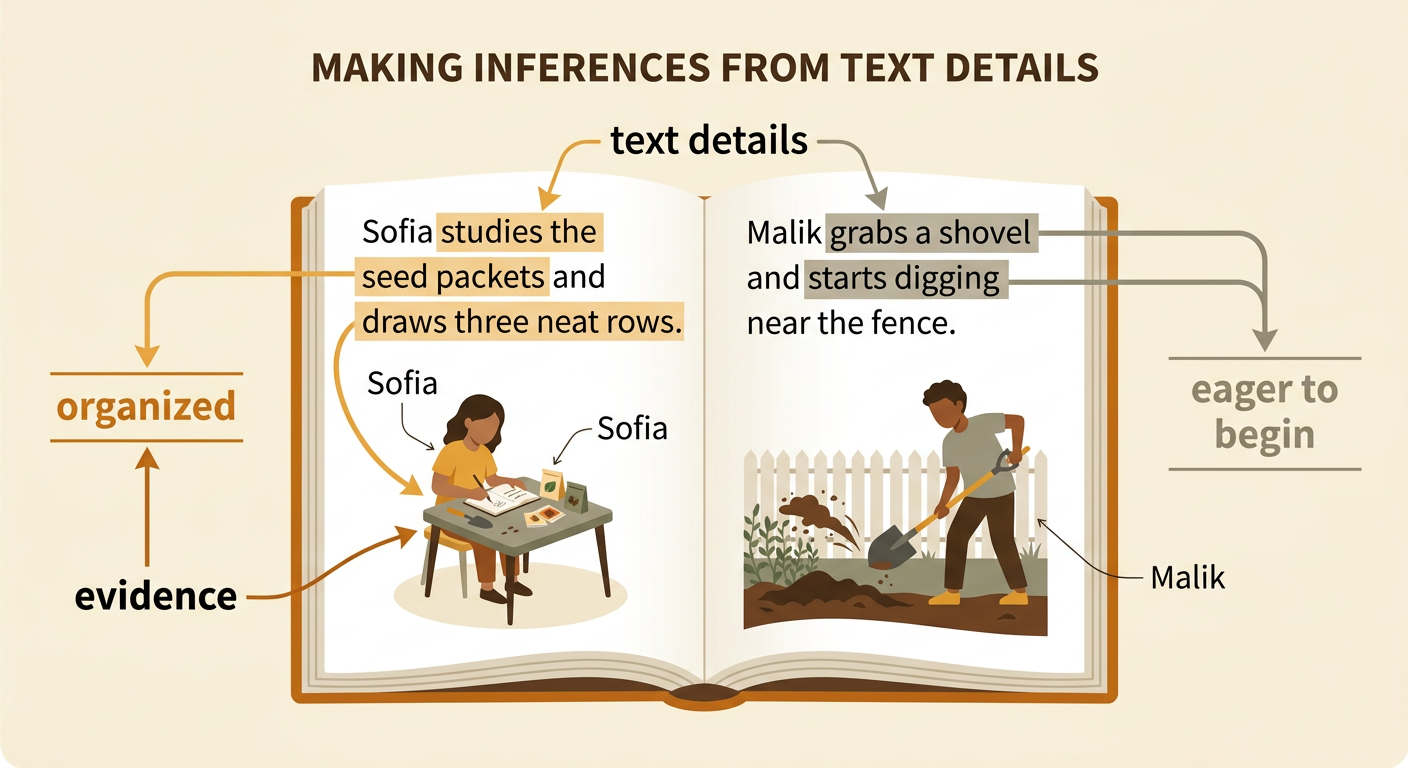 An open storybook shows Sofia planning neat garden rows while Malik immediately digs near a fence.