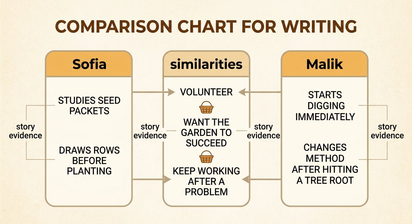 A three-column comparison chart sorts specific garden story evidence for Sofia, their similarities, and Malik.