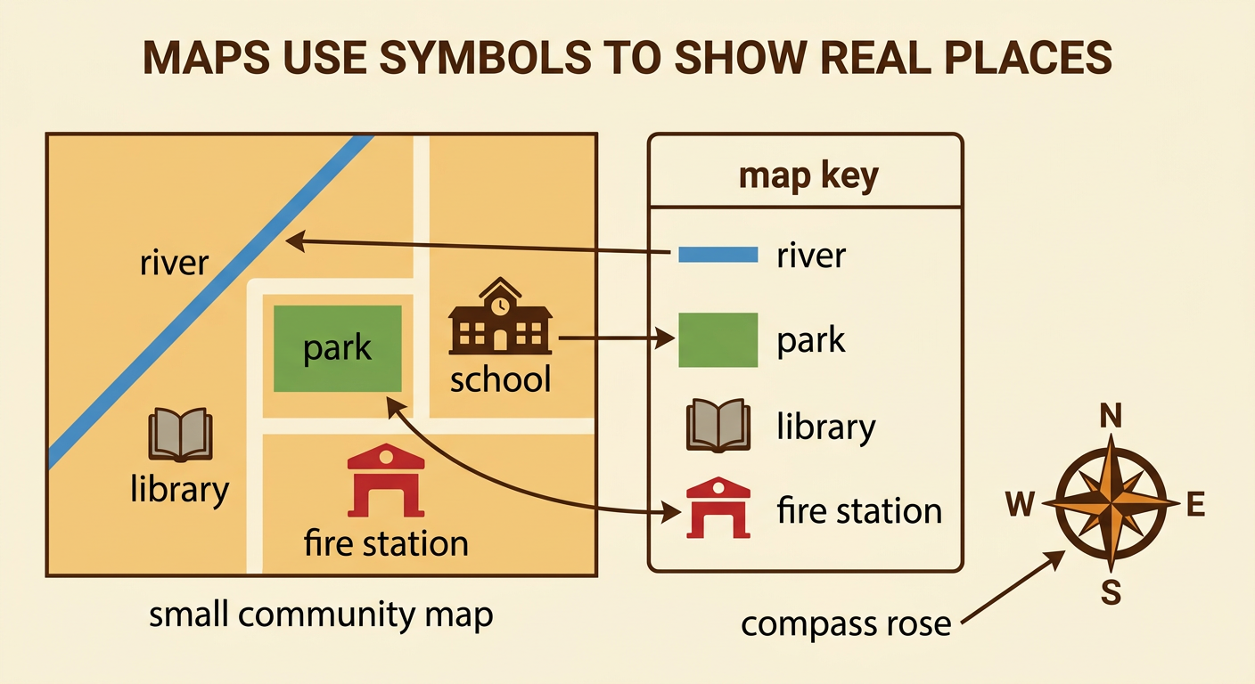 A simple map shows a school east of a park, a blue river, a map key, and a compass rose.