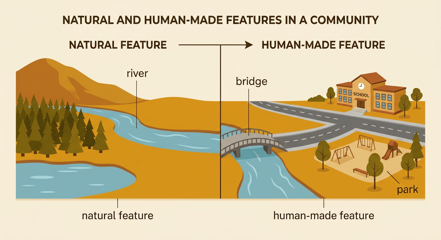 A split community scene sorts a river under natural features and a bridge and park under human-made features.