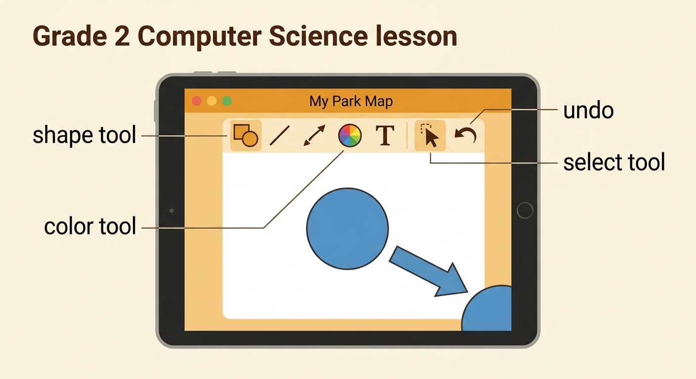 A drawing screen shows a blue circle being moved, with the main map tools and saved file name clearly marked.