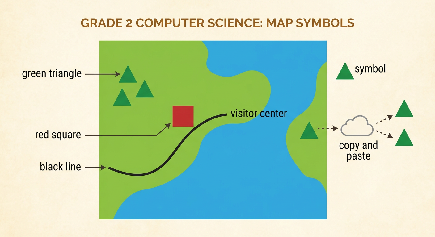A simple park map shows three green triangles on land, a red square beside a black path, and blue water nearby.