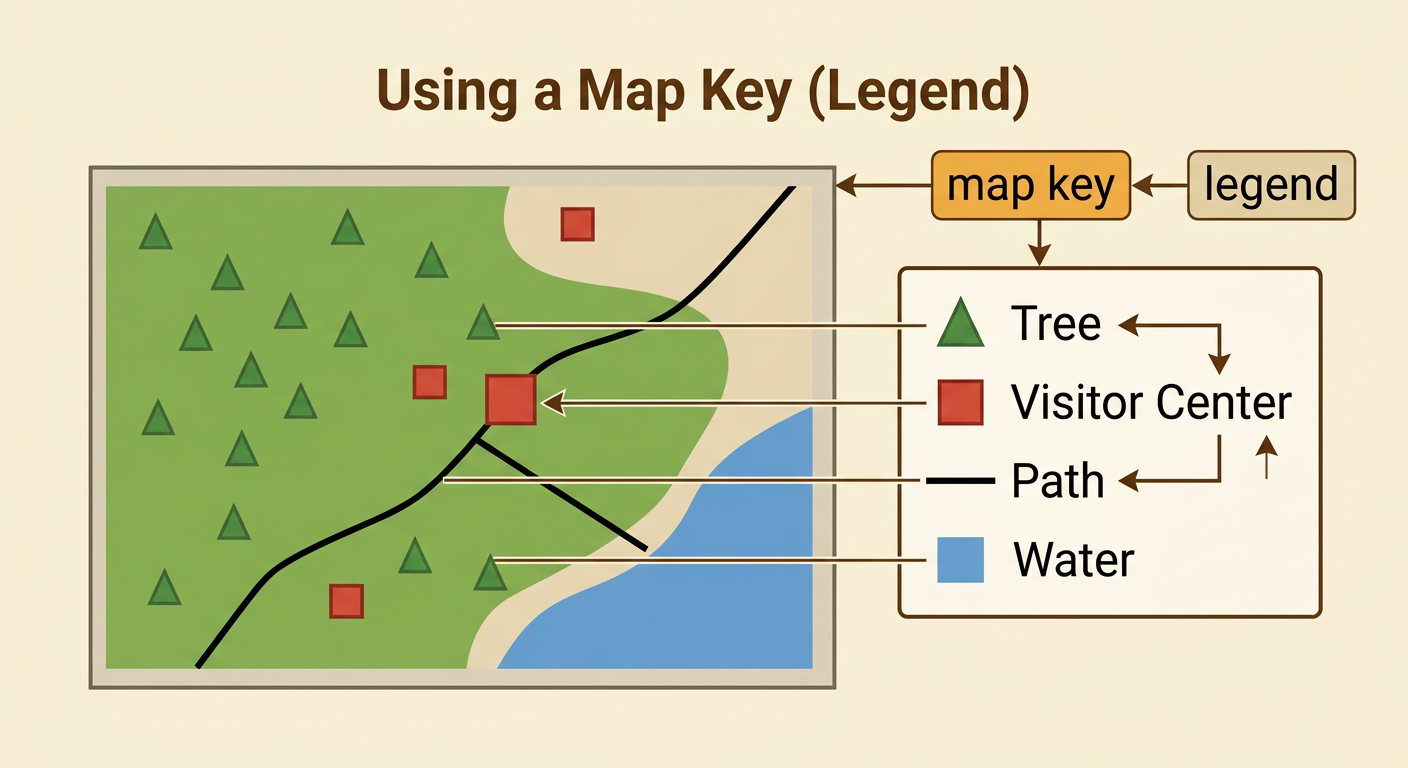 A map key box beside the park map matches each colored symbol with its written meaning.