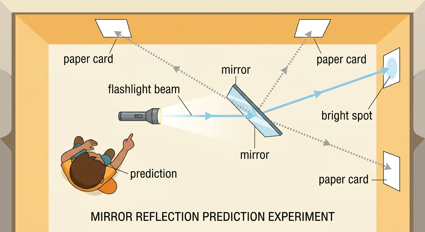 A flashlight beam points at a turned mirror while a paper card marks the predicted bright spot on the wall.