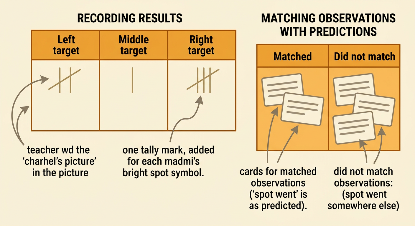 A simple class chart shows target tallies and whether each light test matched its prediction.