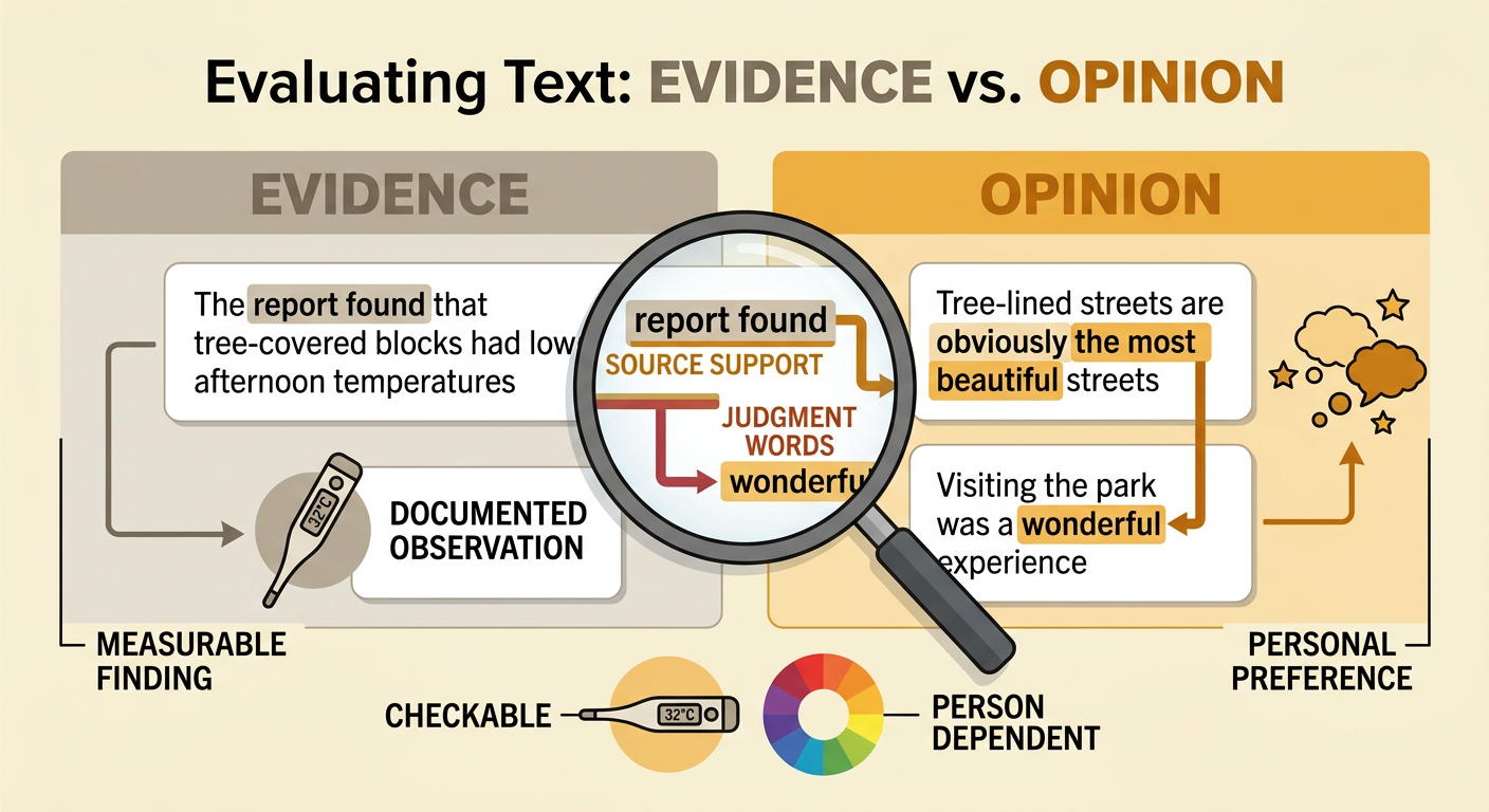 A split image contrasts a documented temperature report with a personal claim that tree-lined streets are the most beautiful.