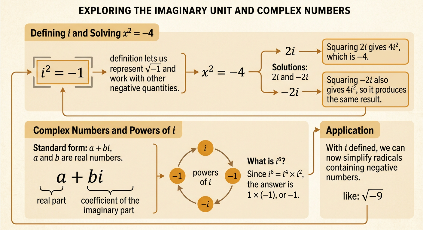 A four-position powers-of-i cycle surrounds the standard form a + bi and a verification of the solutions to x² = −4.