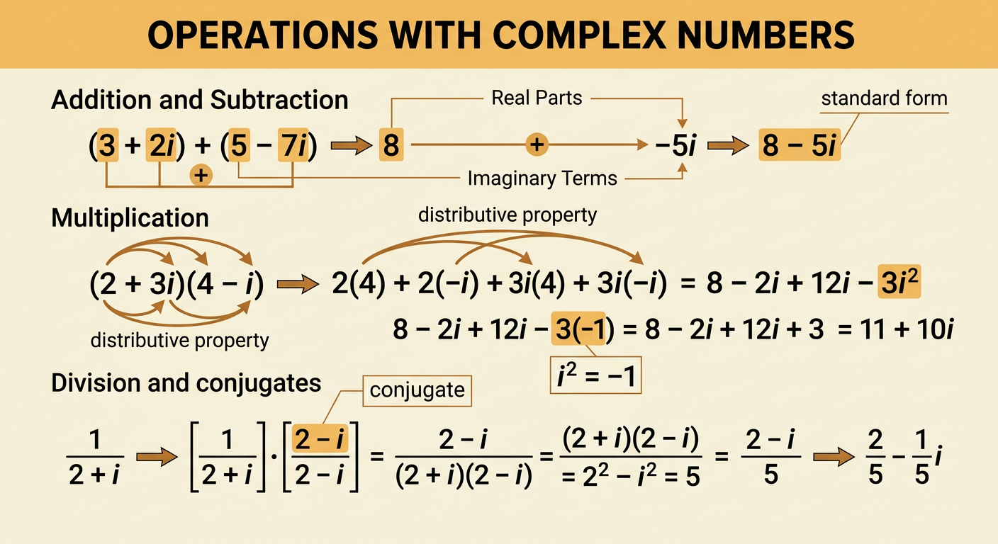 Three worked examples show complex addition, multiplication, and division by a conjugate, each ending in standard form.