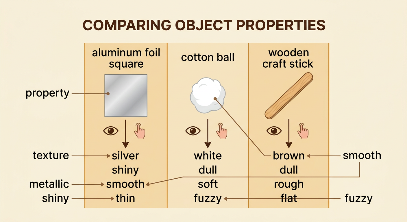 A close-up comparison chart shows foil, a plastic spoon, and a cotton ball with visible property clues.