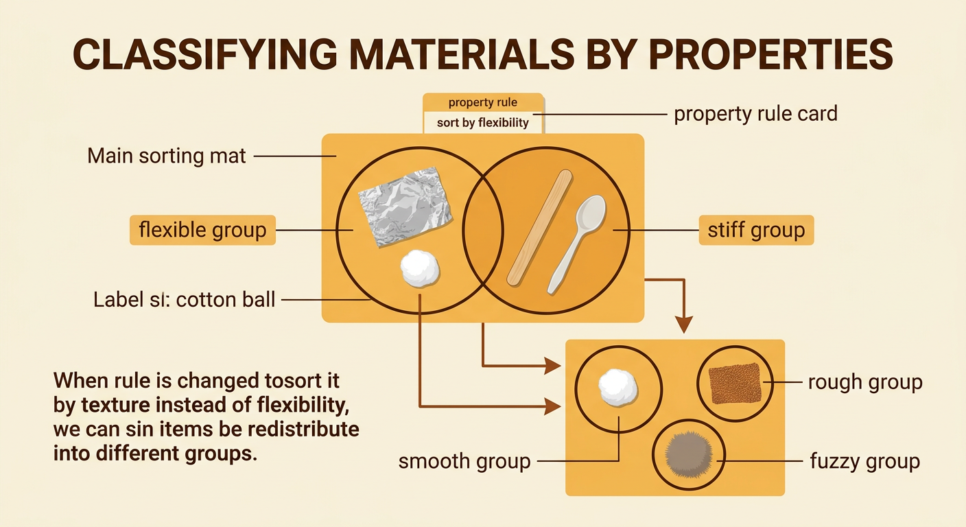 The same material samples are arranged into labeled sorting circles based on flexibility and texture.