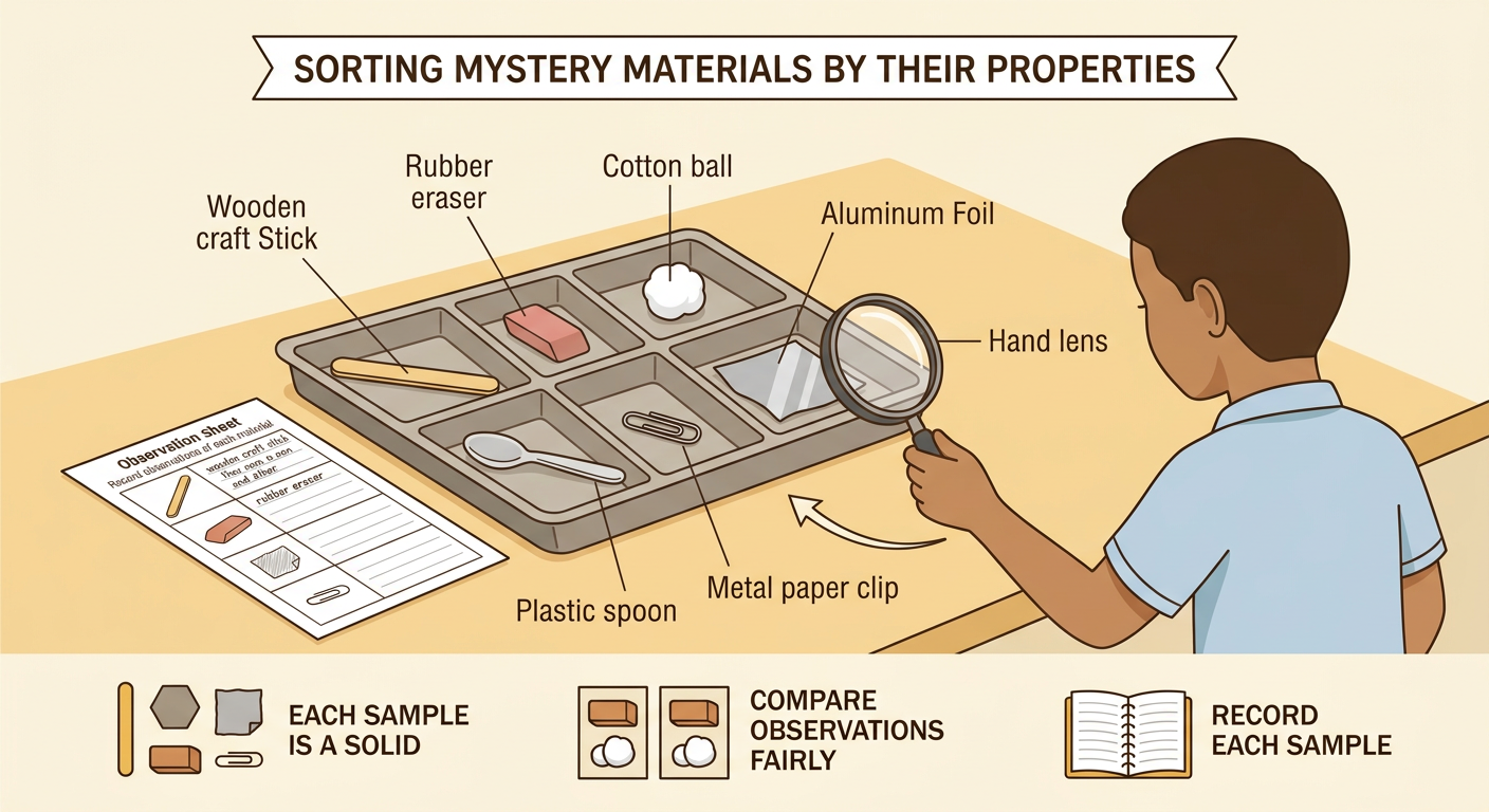 A classroom tray holds six clearly labeled solid material samples ready for observation.