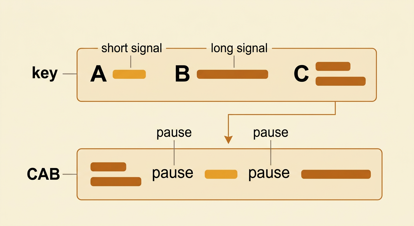 A simple code key shows how short and long signals encode the message CAB with pauses between letters.