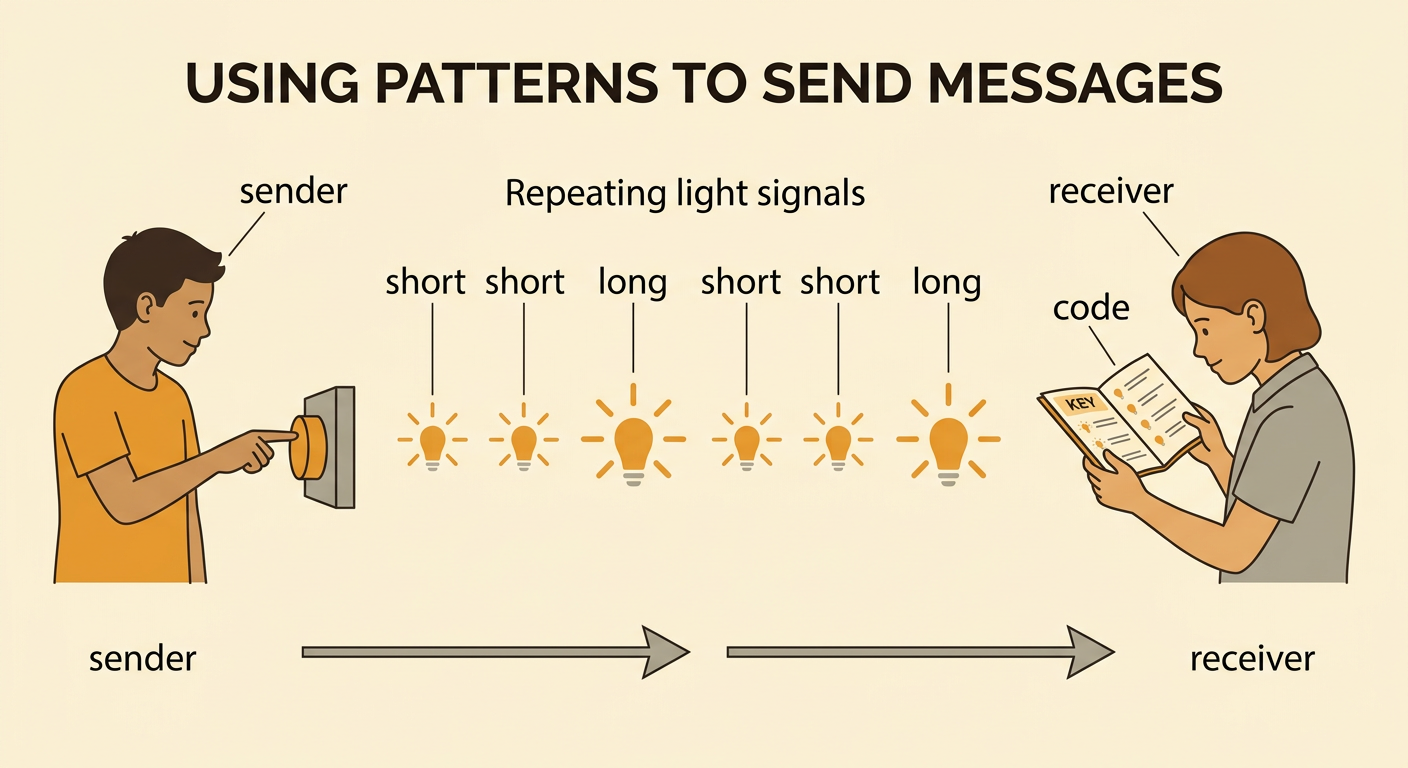 A sender uses a flashlight to transmit a repeating short-short-long pattern to a receiver who reads the shared code.
