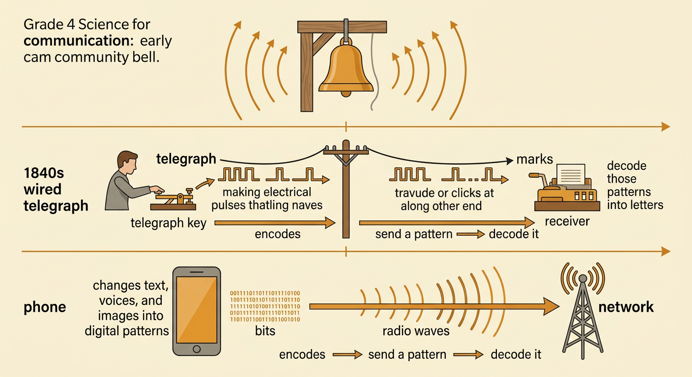 A telegraph and a modern phone are shown sending encoded patterns to distant receivers.