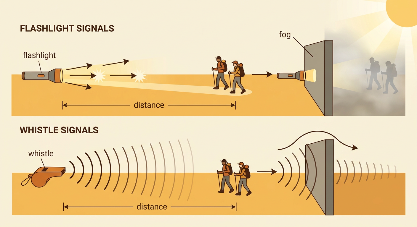 Two hikers across a foggy field compare a flashlight signal with a whistle signal.
