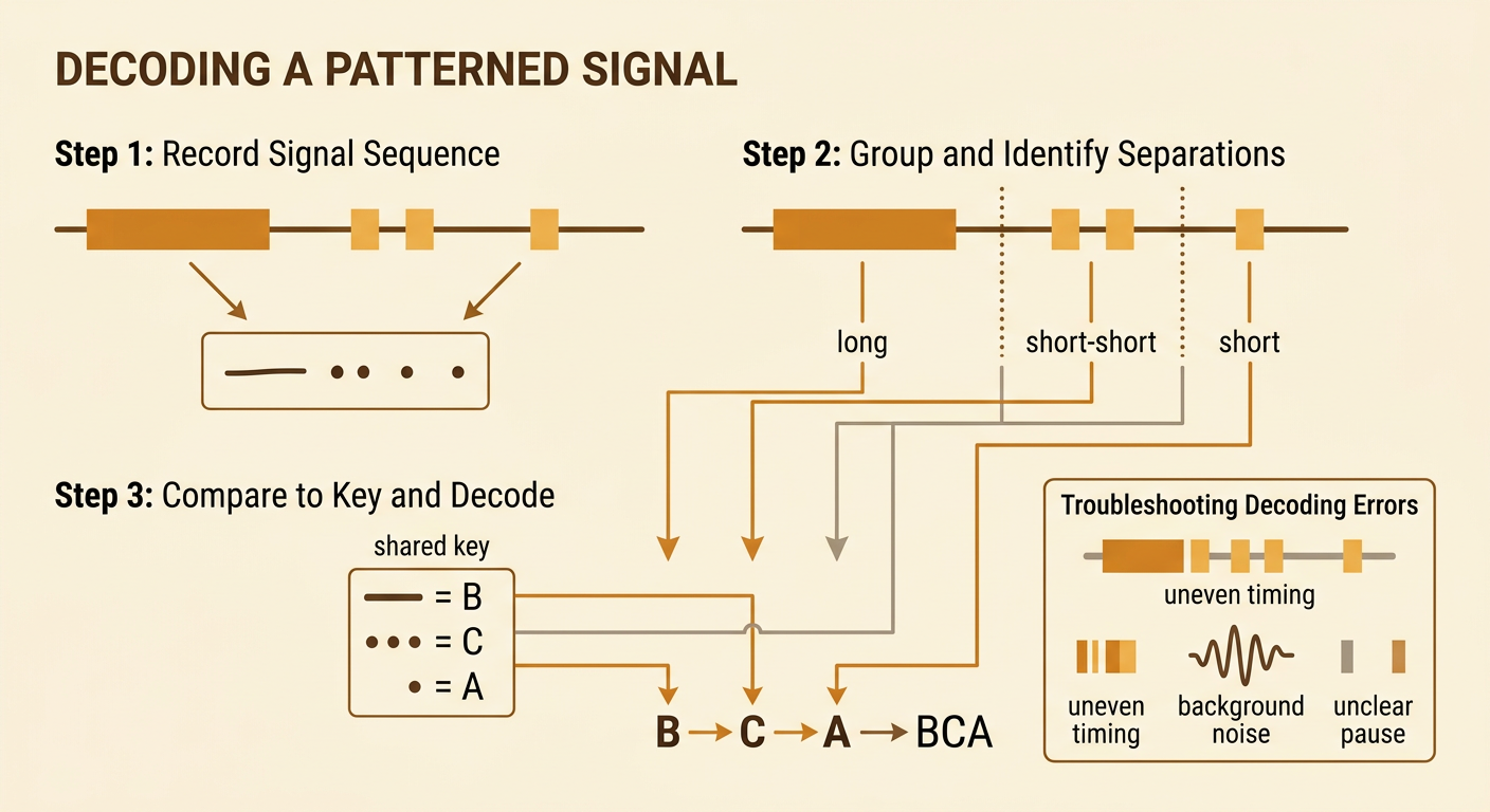 A receiver records three signal groups and uses a shared key to decode them as BCA.