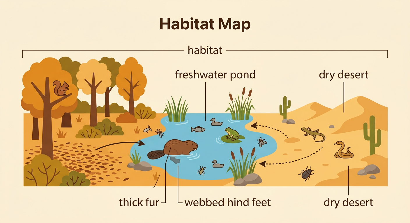 A split scene compares a freshwater pond with a beaver and other animals to a dry desert with a lizard, snake, and beetle.
