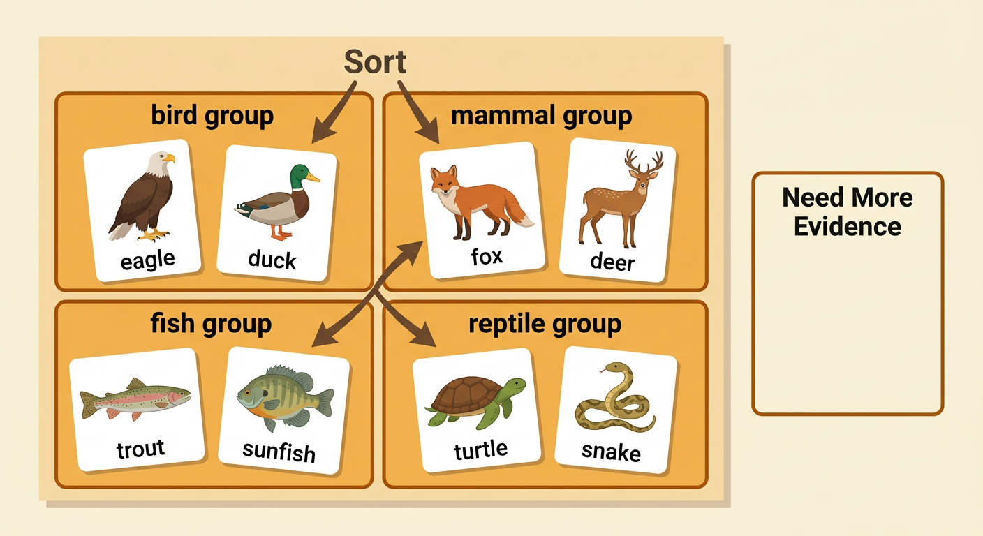 Four animal cards are sorted into groups beside a space for cards that need more evidence.