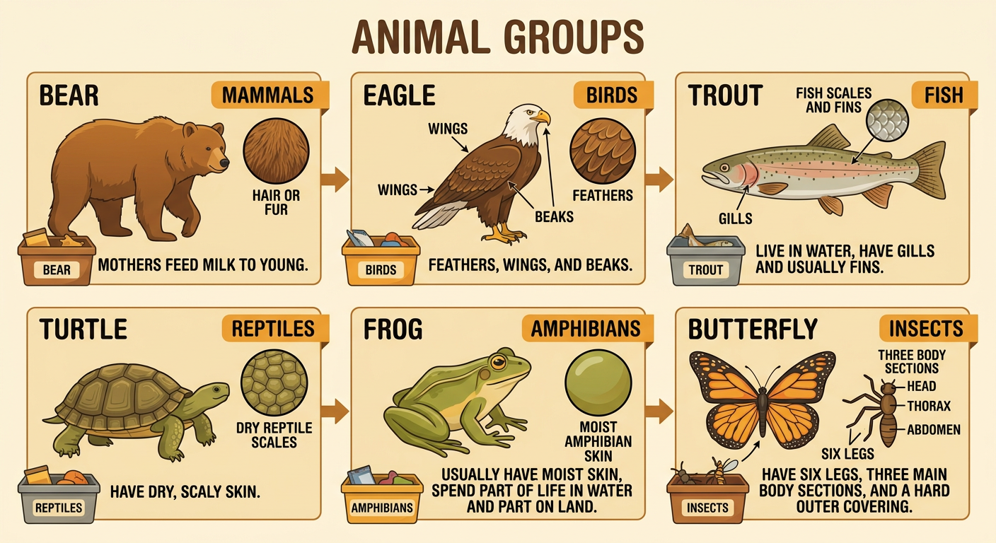 A simple animal-group chart shows a mammal, bird, fish, reptile, amphibian, and insect with their key features.
