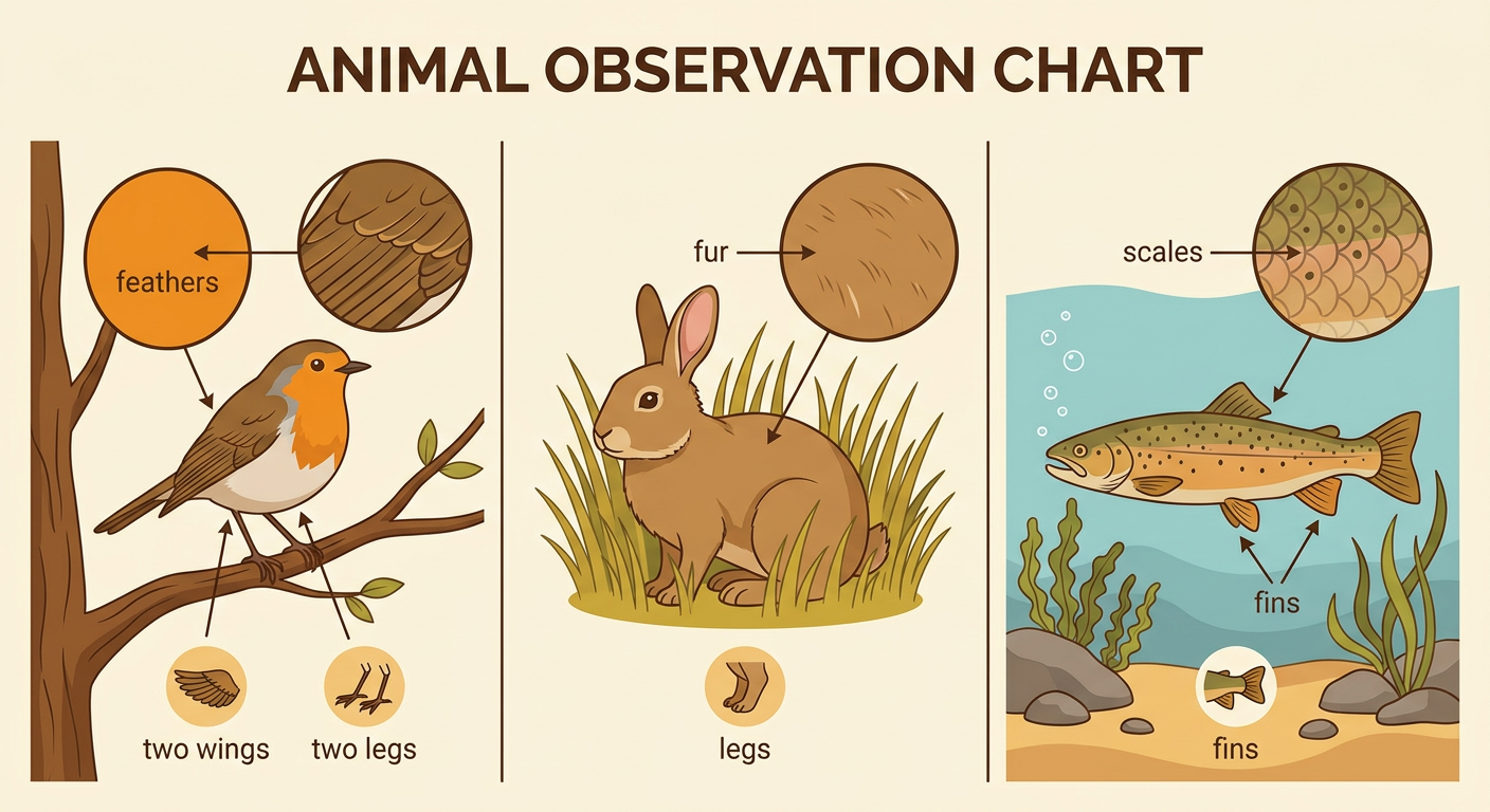 A robin in a tree, a rabbit on land, and a trout in water show different visible features.