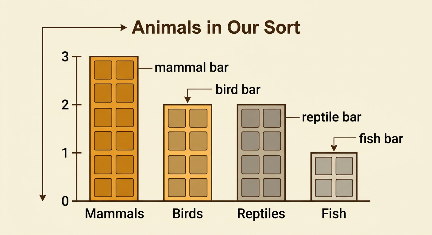 A labeled bar graph compares three mammals, two birds, two reptiles, and one fish.