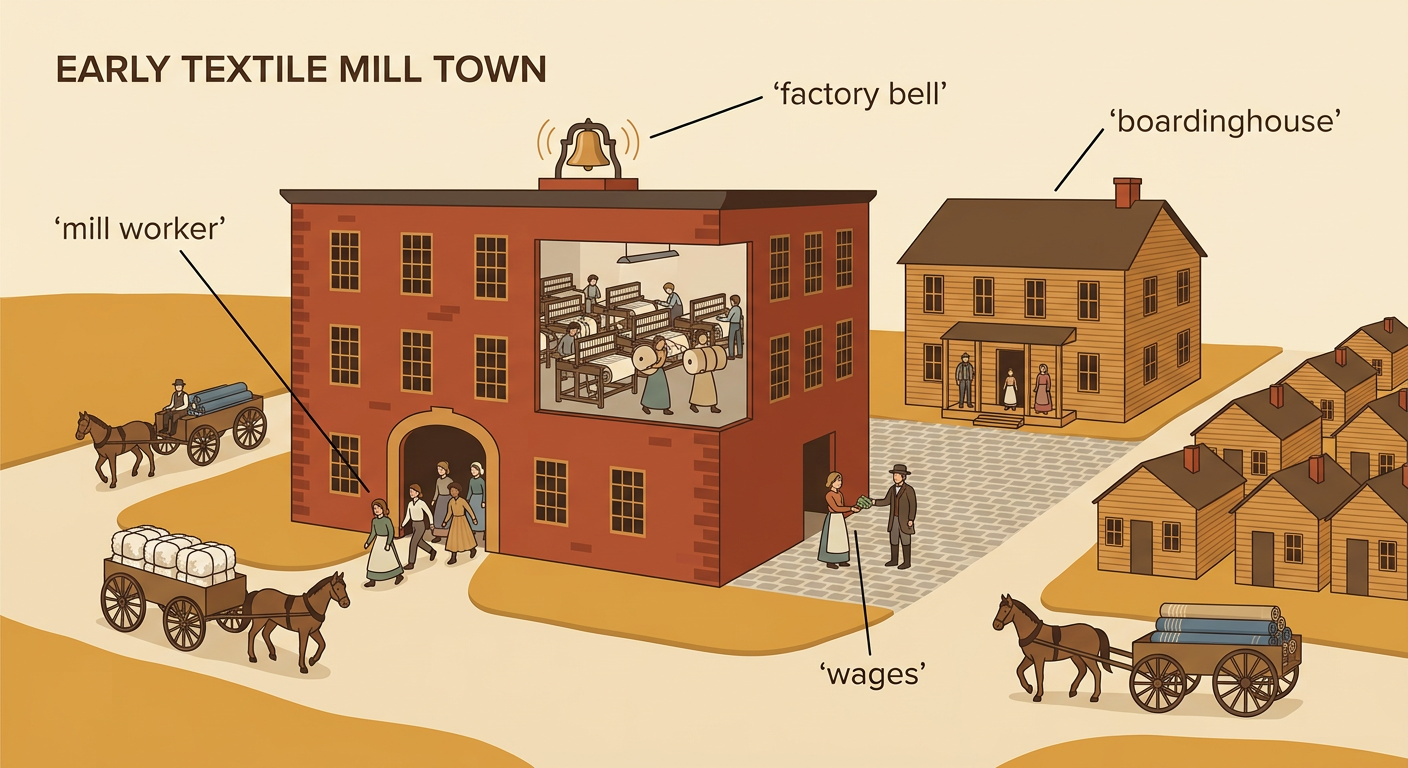 A mill worker leaves a boardinghouse at sunrise as the factory bell calls workers into a busy textile mill.