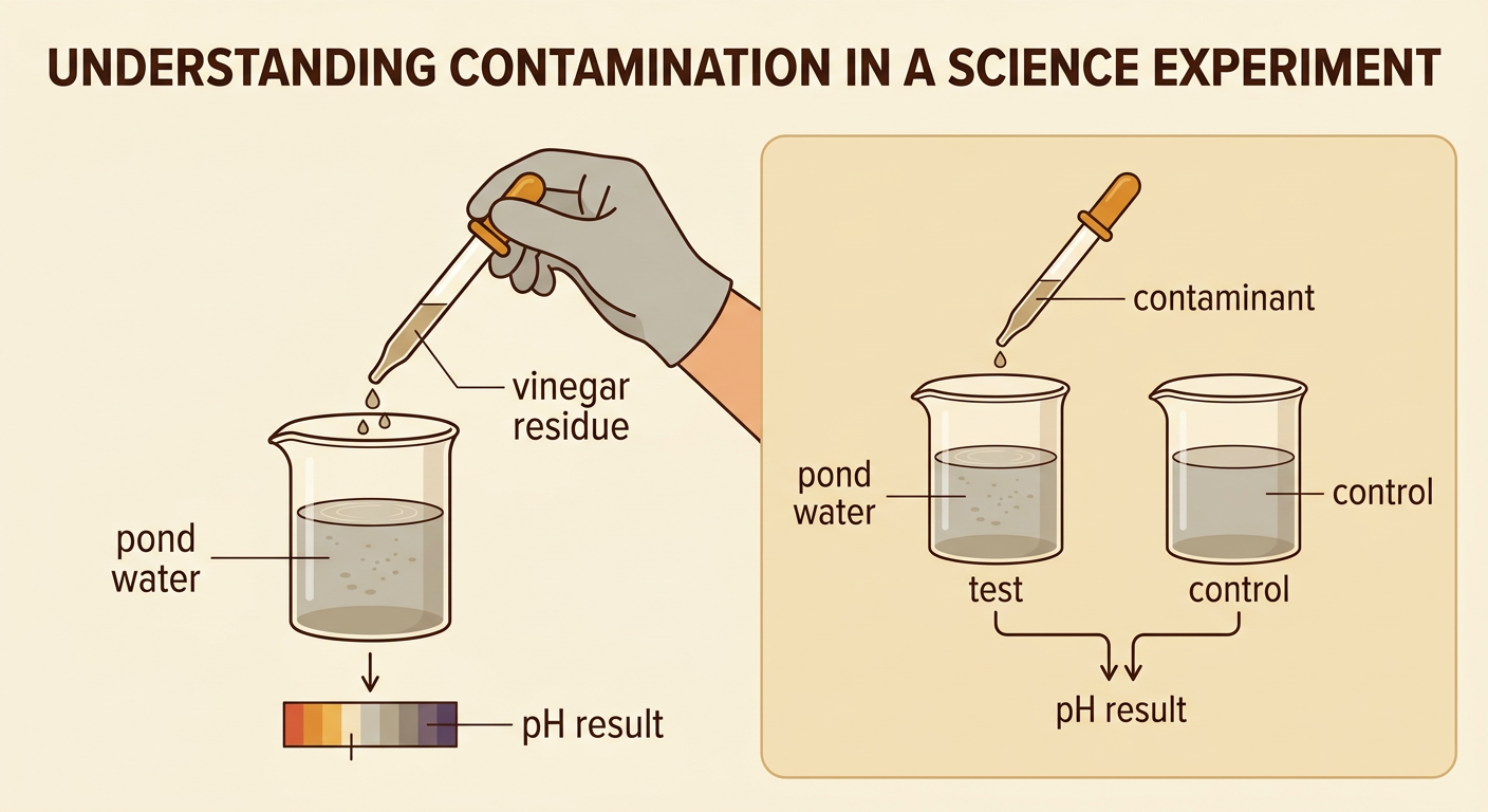 A pond-water acidity test shows a dirty dropper adding vinegar residue beside a comparison control.