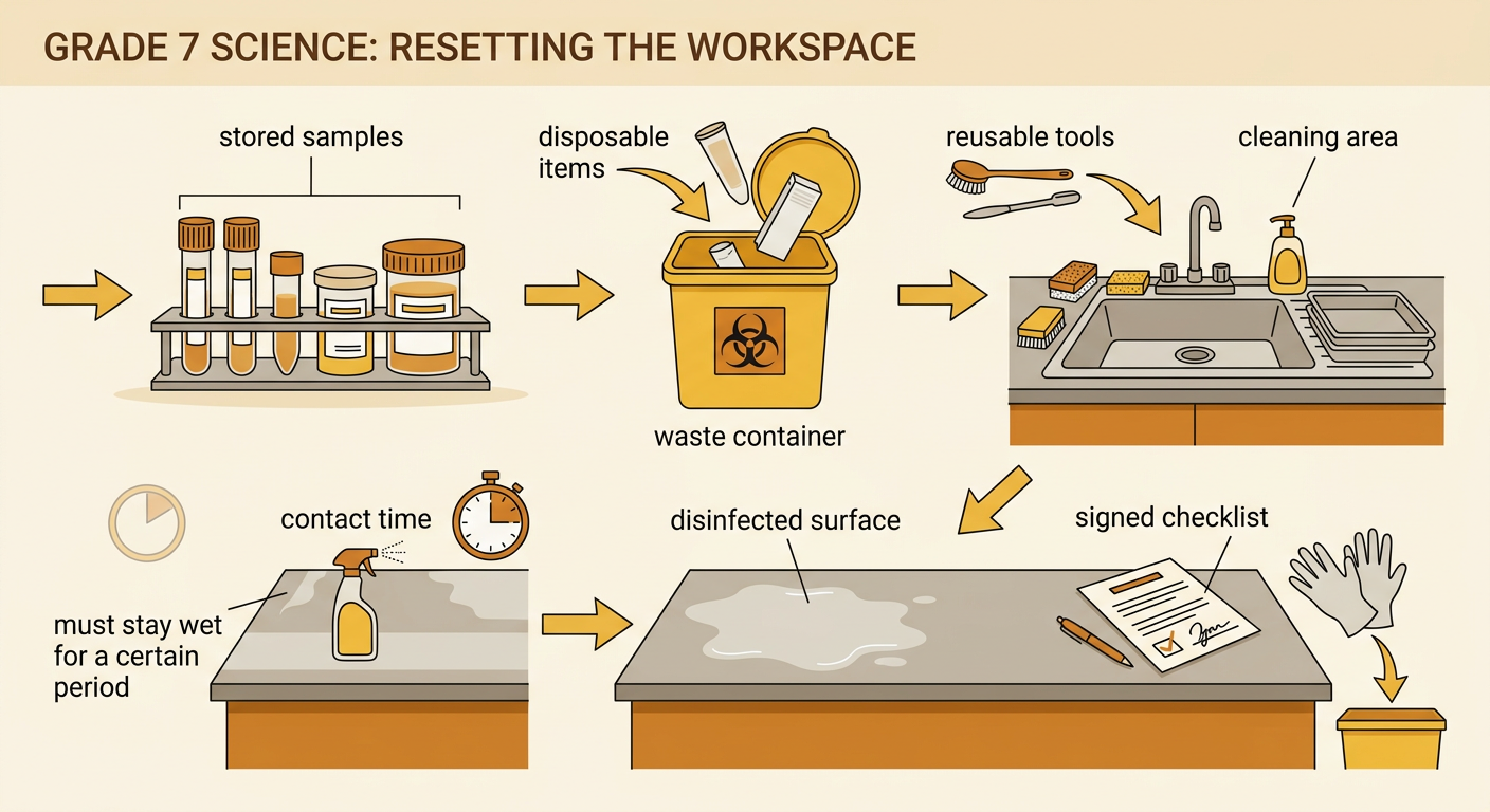 Students reset a lab station by storing samples, sorting tools, disinfecting the bench, and completing a checklist.