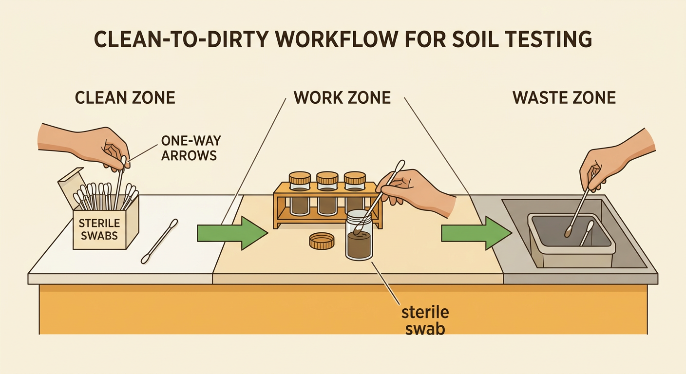A soil-testing station uses one-way arrows to connect separate clean, work, and waste areas.