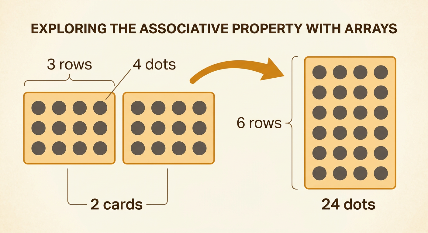 Two cards with dot arrays combine into one larger six-row array containing the same 24 dots.