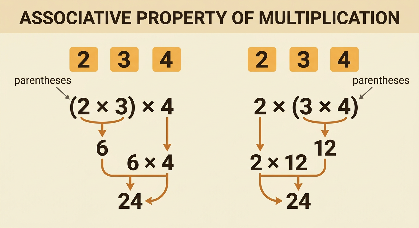 Two side-by-side multiplication paths show different parenthesis groupings that both end at 24.