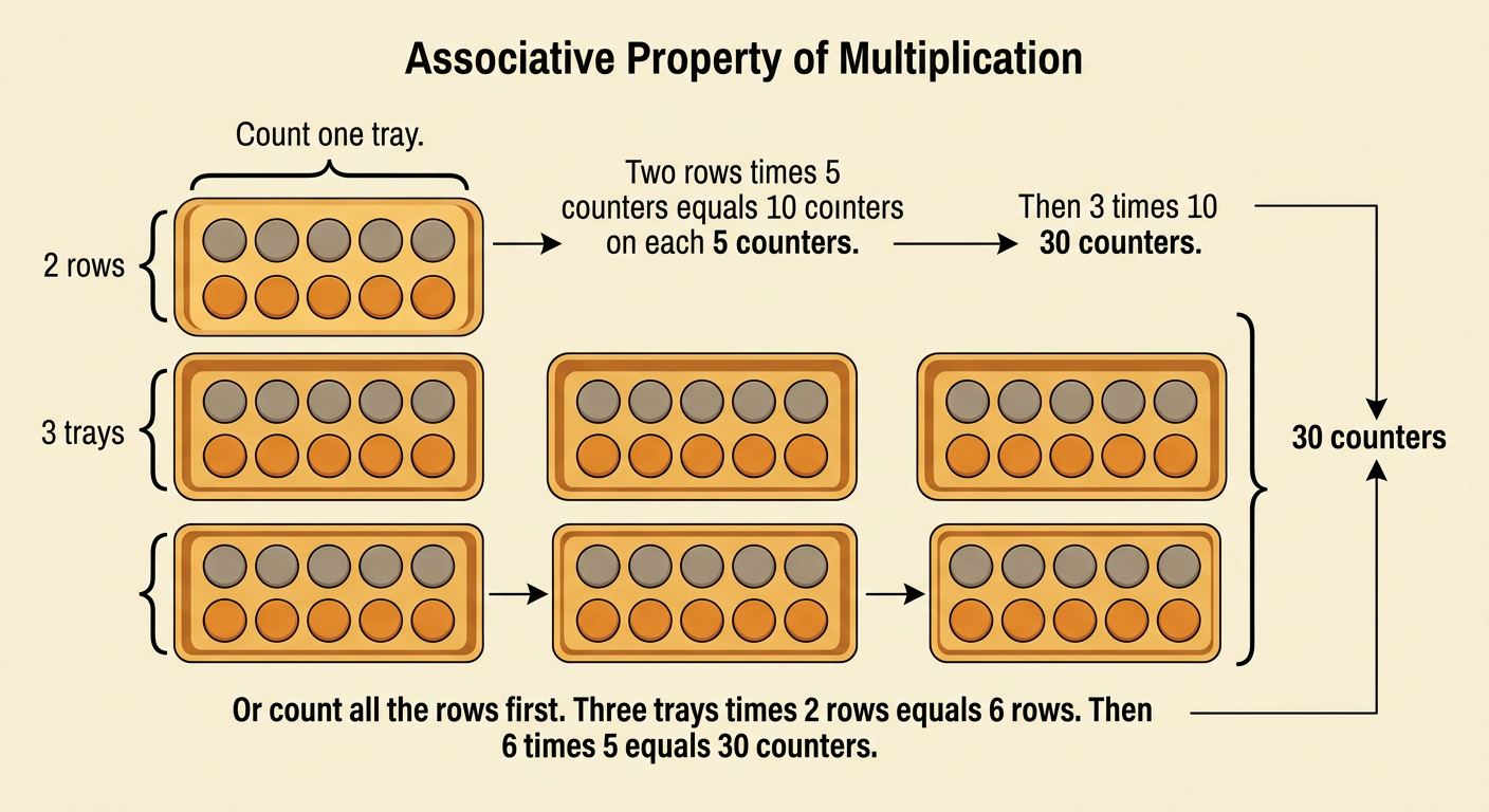 Three trays each hold two rows of five counters, showing two counting methods for the same total.