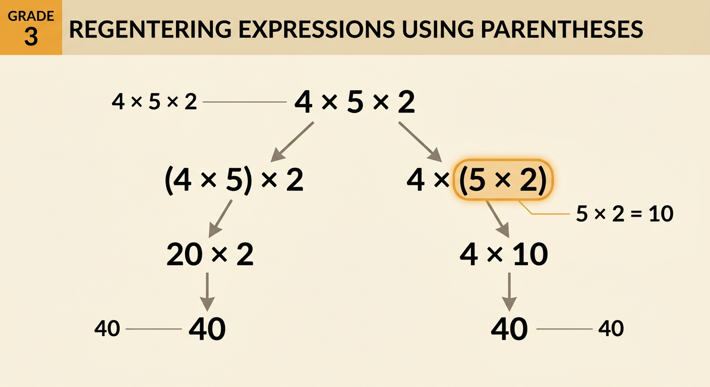 Two solution paths for four times five times two show that making ten first is an easier route to 40.